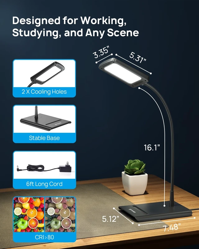 Alt view image 13 of 14 - Desk Lamp, Dimmable Eye-Caring Table Lamp, Memory Function, Black | 3 Color Modes 7 Brightness Levels, Flexible Gooseneck, Touch Control, Desk Light for Home Office Dorm Room Essentials