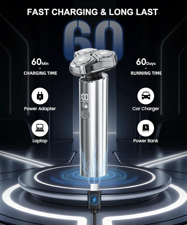 Alt view image 9 of 14 - Electric Razor for Men: 10,000RPM Shaver with Upgraded Curved Foil | Low-Noise High-Torque Motor, 3-in-1 Beard/Nose/Sideburn Trimmer, IPX8 Wet/Dry, Quick Charge & Travel Lock