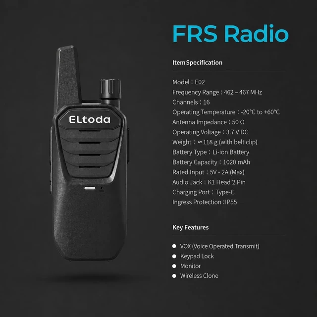 Alt view image 13 of 14 - E02 Walkie Talkies for Adults Rechargeable Two Way Radio | FRS License Free, Vox Hands-Free, Keylock, USB-C Charging, 16 Channels, Lightweight, Compact, Woring, Cruise, Hiking, Camping