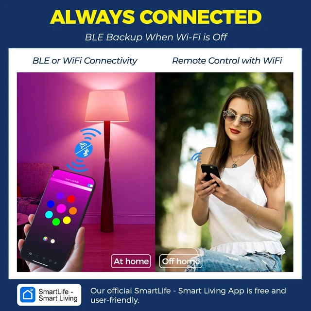 Alt view image 10 of 14 - Smart Light Bulbs 100W Work with Alexa/Google Home, 4PCS | 1350LM 11W, No Hub Required, Smart Bulb Work with SmartLife, A19 E26 RGBCW Color Changing Bulb, 2.4G WiFi & BLE, ETL Listed