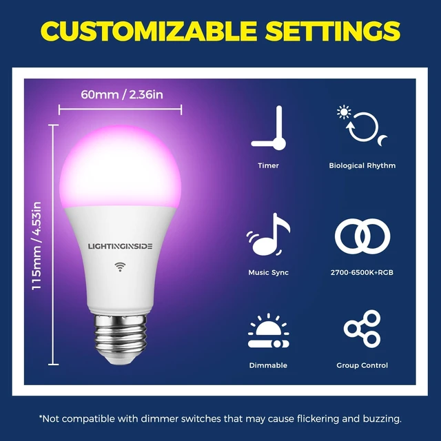 Alt view image 13 of 14 - Smart Light Bulbs 100W Work with Alexa/Google Home, 4PCS | 1350LM 11W, No Hub Required, Smart Bulb Work with SmartLife, A19 E26 RGBCW Color Changing Bulb, 2.4G WiFi & BLE, ETL Listed