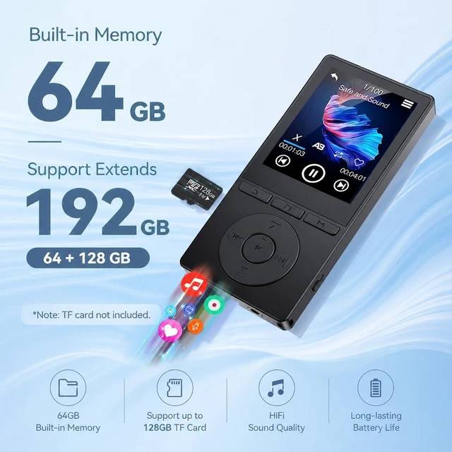 Alt view image 14 of 14 - 64GB MP3 Player with Bluetooth 5.3, Music Player with HiFi Sound for Sports Runners, 2.4" Screen MP3 Player Built in HD Speaker Voice Recorder FM Radio E-Book, Expanded Up to 128GB, Earphone Included