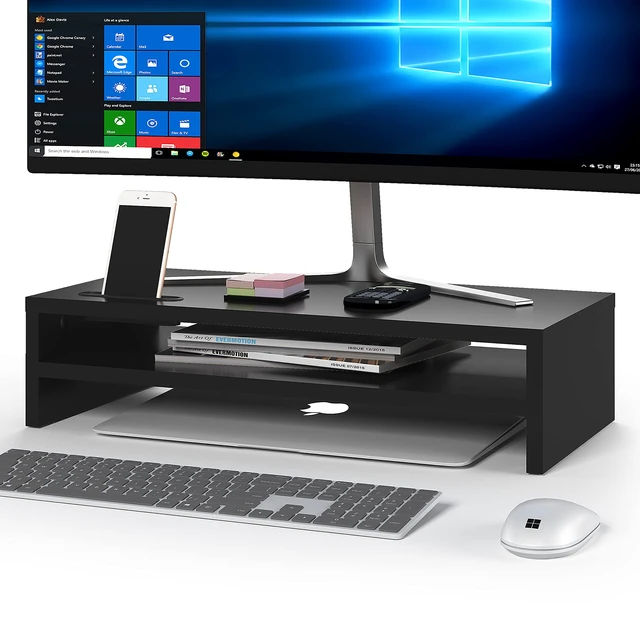 Alt view image 8 of 14 - Wood Monitor Stand Riser, 2-Tier Desktop Organizer | Ergonomic Computer Stand for Desk, Cable Management, Cellphone Holder, 21.3 Inch Shelf, Black