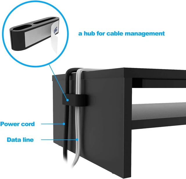 Alt view image 12 of 14 - Wood Monitor Stand Riser, 2-Tier Desktop Organizer | Ergonomic Computer Stand for Desk, Cable Management, Cellphone Holder, 21.3 Inch Shelf, Black