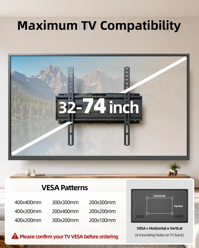 Alt view image 9 of 14 - TV Wall Mount for 32-74 inch Flat Screen/LED/4K up to 110lbs, Full Motion TV Mount Bracket with Swivel & Tilt Articulating Dual Arms, Max VESA 400x400mm, Fits 12/16" Wood Studs