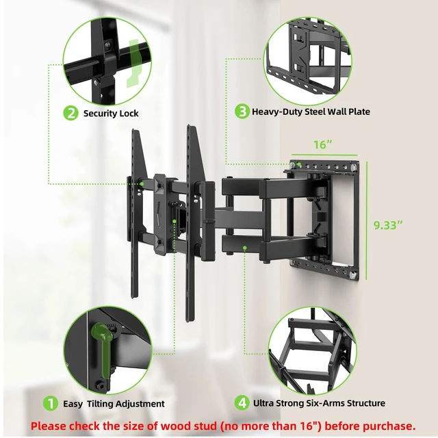 Alt view image 11 of 14 - Full Motion TV Wall Mount for Most 42-90 inch Flat Screen/LED/4K, TV Mount Bracket Dual Swivel Articulating Tilt 6 Arms, Max 16" Wood Studs, VESA 600x400mm, Holds up to 132lbs
