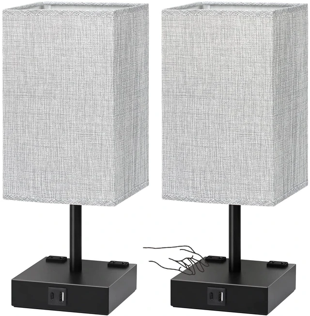 Alt view image 8 of 14 - Bedside Table Lamps Set of 2 - Touch Nightstand Lamp for Bedroom with USB C+A Charging Ports & AC Outlets, 3-Way Dimmable Desk Lamp Grey Fabric Shade for Bedroom Living Room, Office(Bulb Included)