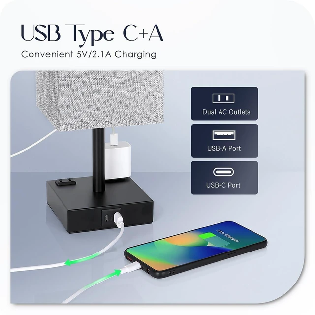 Alt view image 11 of 14 - Bedside Table Lamps Set of 2 - Touch Nightstand Lamp for Bedroom with USB C+A Charging Ports & AC Outlets, 3-Way Dimmable Desk Lamp Grey Fabric Shade for Bedroom Living Room, Office(Bulb Included)