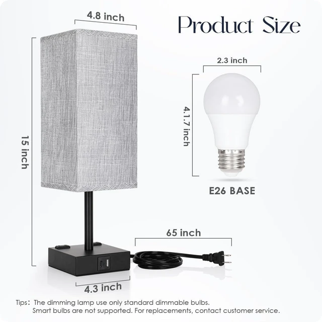 Alt view image 10 of 14 - Bedside Table Lamps Set of 2 - Touch Nightstand Lamp for Bedroom with USB C+A Charging Ports & AC Outlets, 3-Way Dimmable Desk Lamp Grey Fabric Shade for Bedroom Living Room, Office(Bulb Included)