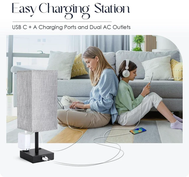 Alt view image 14 of 14 - Bedside Table Lamps Set of 2 - Touch Nightstand Lamp for Bedroom with USB C+A Charging Ports & AC Outlets, 3-Way Dimmable Desk Lamp Grey Fabric Shade for Bedroom Living Room, Office(Bulb Included)