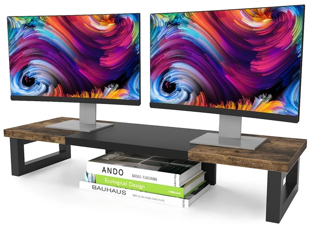 Alt view image 7 of 12 - Dual Monitor Stand Riser, Wood and Steel Multi-Purpose Desktop Storage Stand for 2 Monitors for Computer, Laptop, Printer, TV, Rustic Brown