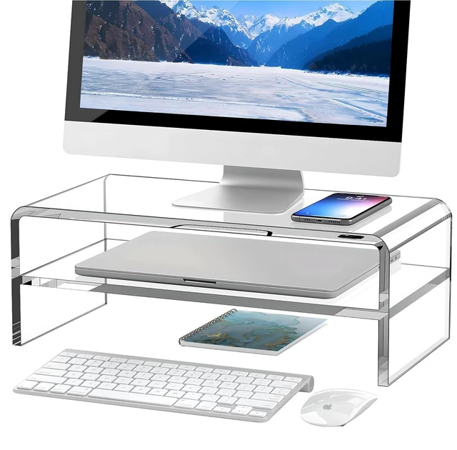 Alt view image 8 of 14 - Clear Acrylic Monitor Stand Riser 2 Tier, 5.12 Inches High Clear Computer Desk Organizer Shelf for Multi Media PC Storage Laptop