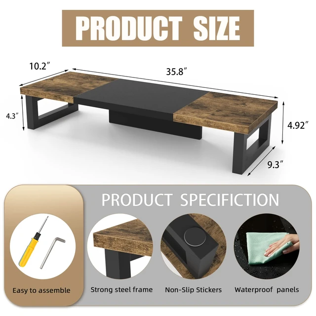 Alt view image 12 of 12 - Dual Monitor Stand Riser, Wood and Steel Multi-Purpose Desktop Storage Stand for 2 Monitors for Computer, Laptop, Printer, TV, Rustic Brown