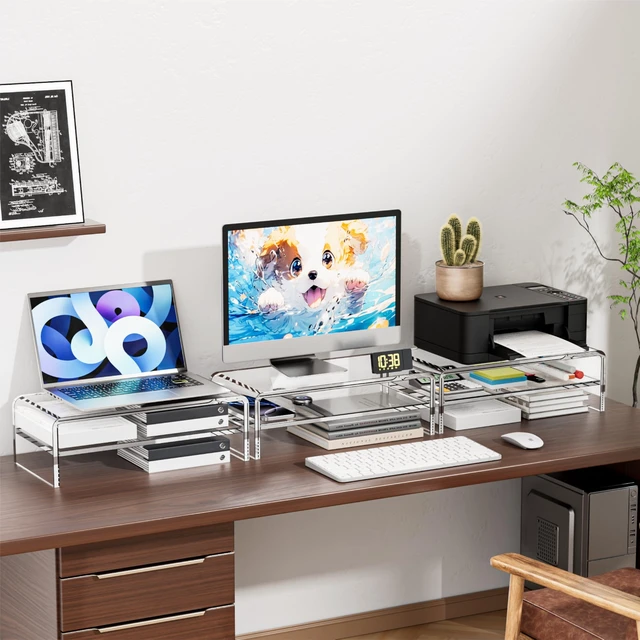 Alt view image 14 of 14 - Clear Acrylic Monitor Stand Riser 2 Tier, 5.12 Inches High Clear Computer Desk Organizer Shelf for Multi Media PC Storage Laptop