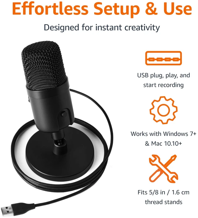 Alt view image 8 of 10 - Condenser Microphone for PC, Cardioid Pickup, USB Mic for Streaming, Recording, and Podcasting, 360° Adjustable Stand, Plug and Play, 5.8" x 3.4", Black