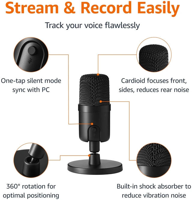 Alt view image 7 of 10 - Condenser Microphone for PC, Cardioid Pickup, USB Mic for Streaming, Recording, and Podcasting, 360° Adjustable Stand, Plug and Play, 5.8" x 3.4", Black