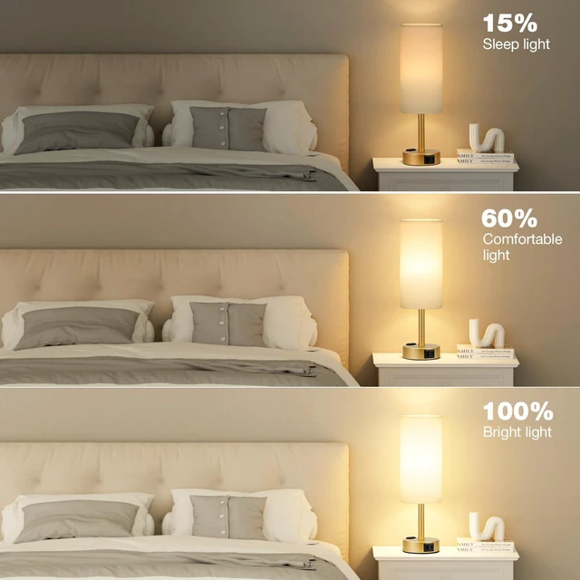 Alt view image 7 of 10 - Gold Bedside Lamp for Bedroom, Dimmable Touch, USB A+C, AC Outlet | 3-Way Dimmable, LED Bulb Included, USB C+A Charging Ports, White Fabric Lampshade, Metal Base, 14in Small Table Lamp