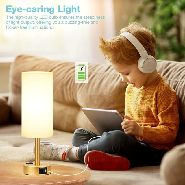 Alt view image 9 of 10 - Gold Bedside Lamp for Bedroom, Dimmable Touch, USB A+C, AC Outlet | 3-Way Dimmable, LED Bulb Included, USB C+A Charging Ports, White Fabric Lampshade, Metal Base, 14in Small Table Lamp