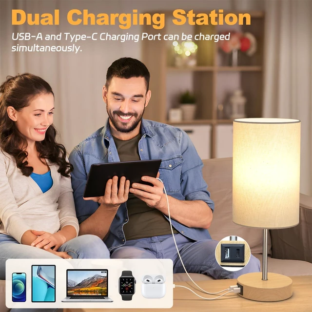 Alt view image 10 of 12 - Table Lamp for Bedroom, 3 Way Dimmable Touch Lamp with Dual Charging Station, Small Bedside Lamps for Night Stands, Living Room, Office(LED Bulb Included)