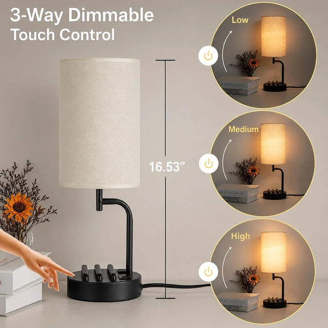 Alt view image 9 of 14 - Touch Control USB Table Lamp with USB C/A & AC Outlet, 3-Way Dimmable Bedside Lamp, Modern Nightstand Lamps for Bedroom Living Room Guest Room Office, Bulb Included, Black