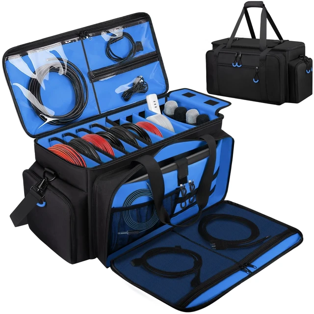 Alt view image 8 of 14 - Large Dj Cable Bag with Detachable Dividers, Bottom Pad | Dj Bag for Equipment and Accessories with Laptop and Microphone Pocket, Dj Gig Bag for Musician, Professional, Travel, Blue