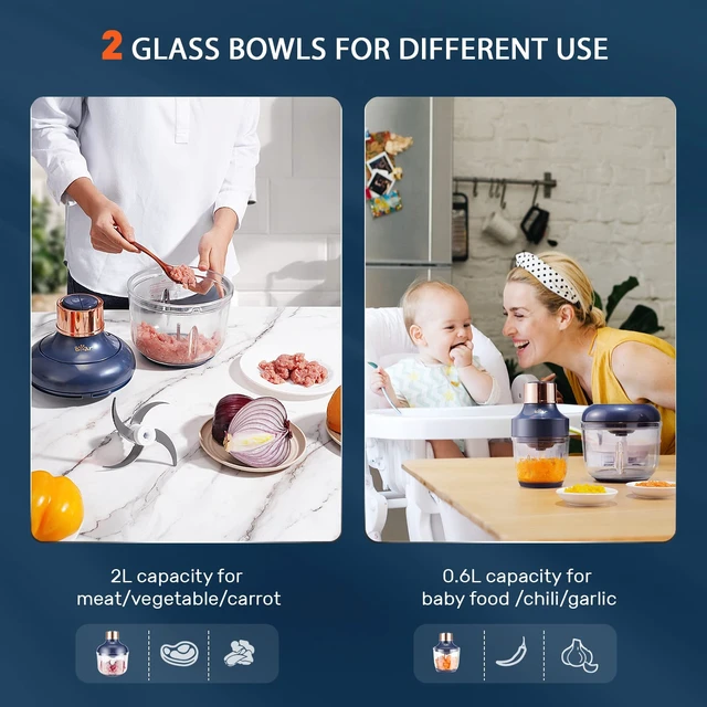 Alt view image 9 of 14 - Food Processor, Electric Food Chopper with 2 Glass Bowls (8 Cup+2.5 Cup), 400W Power Grinder with 2 Sets Stainless Steel Blades, 2 Speed for Meat, Vegetables, and Baby Food