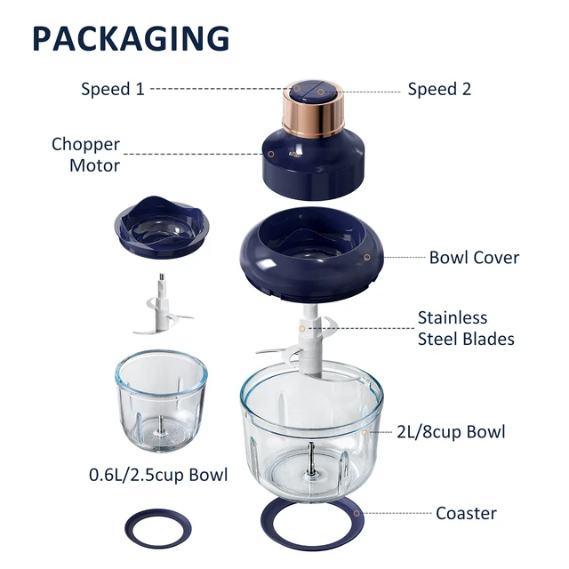 Alt view image 14 of 14 - Food Processor, Electric Food Chopper with 2 Glass Bowls (8 Cup+2.5 Cup), 400W Power Grinder with 2 Sets Stainless Steel Blades, 2 Speed for Meat, Vegetables, and Baby Food