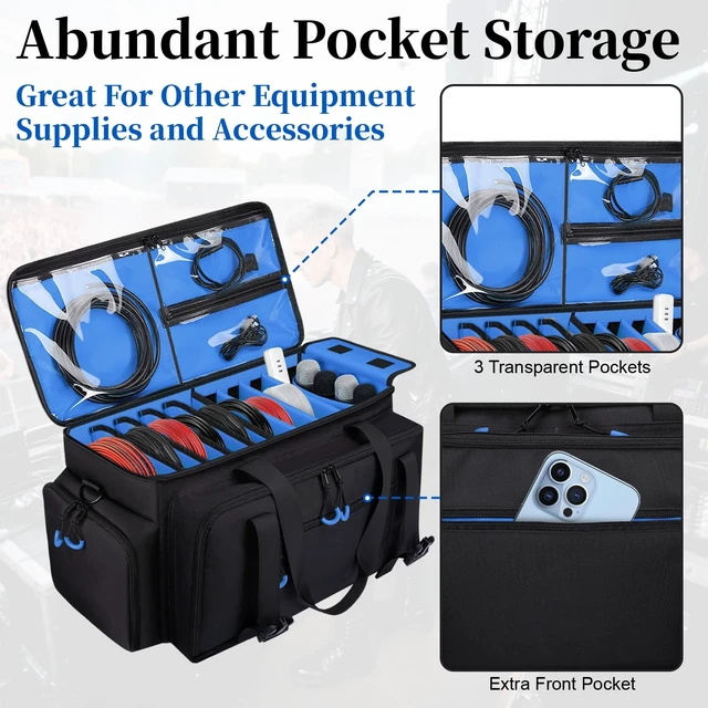 Alt view image 11 of 14 - Large Dj Cable Bag with Detachable Dividers, Bottom Pad | Dj Bag for Equipment and Accessories with Laptop and Microphone Pocket, Dj Gig Bag for Musician, Professional, Travel, Blue