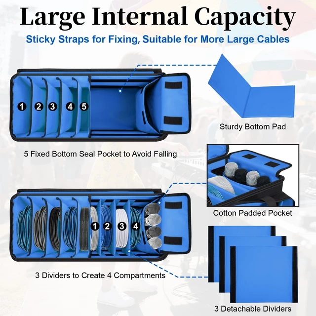 Alt view image 9 of 14 - Large Dj Cable Bag with Detachable Dividers, Bottom Pad | Dj Bag for Equipment and Accessories with Laptop and Microphone Pocket, Dj Gig Bag for Musician, Professional, Travel, Blue