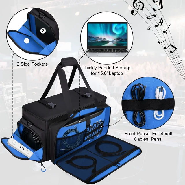 Alt view image 10 of 14 - Large Dj Cable Bag with Detachable Dividers, Bottom Pad | Dj Bag for Equipment and Accessories with Laptop and Microphone Pocket, Dj Gig Bag for Musician, Professional, Travel, Blue