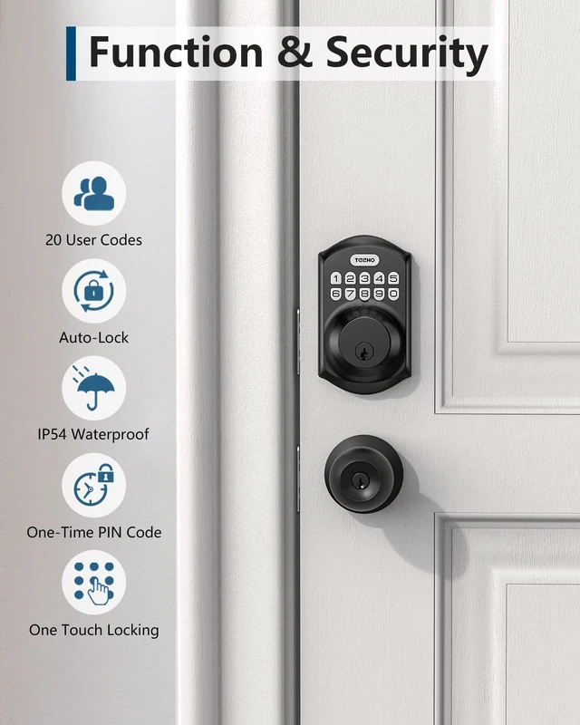 Alt view image 12 of 14 - TE001 Keyless Entry Deadbolt with Keypad for Front Door, Matte Black | ANSI Grade 3 Security, 20 User Codes, Low Battery Alert, IP54 Waterproof, One Touch Lock, Anti-Peep Password & 2 Backup Keys