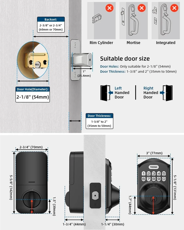 Alt view image 13 of 14 - TE001 Keyless Entry Deadbolt with Keypad for Front Door, Matte Black | ANSI Grade 3 Security, 20 User Codes, Low Battery Alert, IP54 Waterproof, One Touch Lock, Anti-Peep Password & 2 Backup Keys