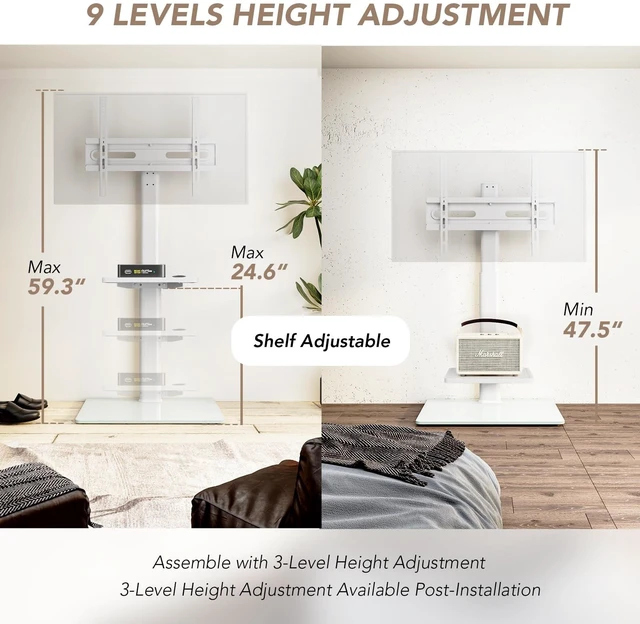 Alt view image 10 of 14 - Universal Floor TV Stand with Mount 70 Degree Swivel 9 Level Height Adjustable and Space Saving Design for Most 27 to 65 inch LCD, LED OLED TVs White