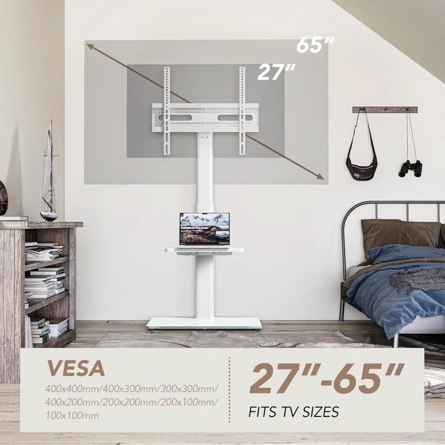 Alt view image 11 of 14 - Universal Floor TV Stand with Mount 70 Degree Swivel 9 Level Height Adjustable and Space Saving Design for Most 27 to 65 inch LCD, LED OLED TVs White