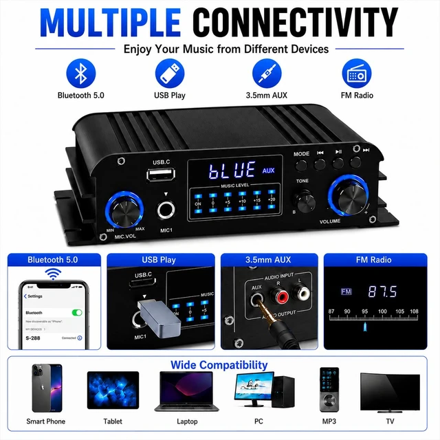 Alt view image 10 of 14 - 4 Channel Bluetooth 5.0 Stereo Amplifier, 50Wx4 Home Audio Stereo Receiver, 1200W Max, USB/SD/FM, Class D HiFi Power Amp for Home Theater, Car & Karaoke, Includes Remote & Power Adapter