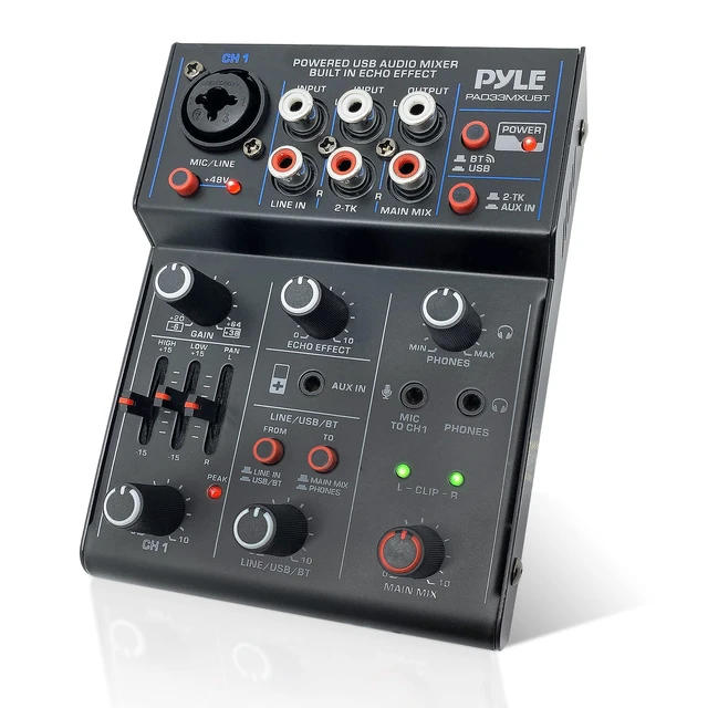 Alt view image 8 of 14 - 3-Channel Professional Wireless DJ Audio Mixer - Bluetooth 5.0 - USB Interface - XLR+6.35mm Mic/Line/Guitar Input - 3.5mm Mic Input - RCA - AUX - Headphone Jack - +48V Phantom Power - PAD33MXUBT