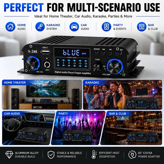 Alt view image 13 of 14 - 4 Channel Bluetooth 5.0 Stereo Amplifier, 50Wx4 Home Audio Stereo Receiver, 1200W Max, USB/SD/FM, Class D HiFi Power Amp for Home Theater, Car & Karaoke, Includes Remote & Power Adapter