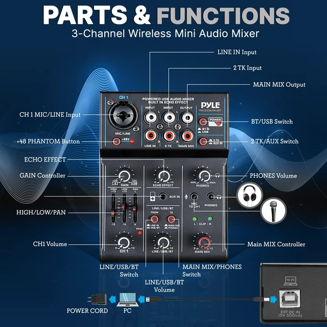 Alt view image 9 of 14 - 3-Channel Professional Wireless DJ Audio Mixer - Bluetooth 5.0 - USB Interface - XLR+6.35mm Mic/Line/Guitar Input - 3.5mm Mic Input - RCA - AUX - Headphone Jack - +48V Phantom Power - PAD33MXUBT