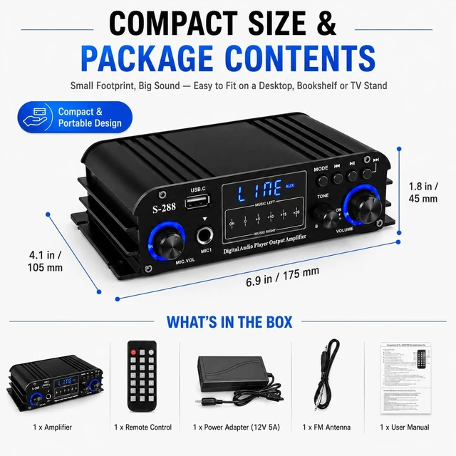 Alt view image 14 of 14 - 4 Channel Bluetooth 5.0 Stereo Amplifier, 50Wx4 Home Audio Stereo Receiver, 1200W Max, USB/SD/FM, Class D HiFi Power Amp for Home Theater, Car & Karaoke, Includes Remote & Power Adapter