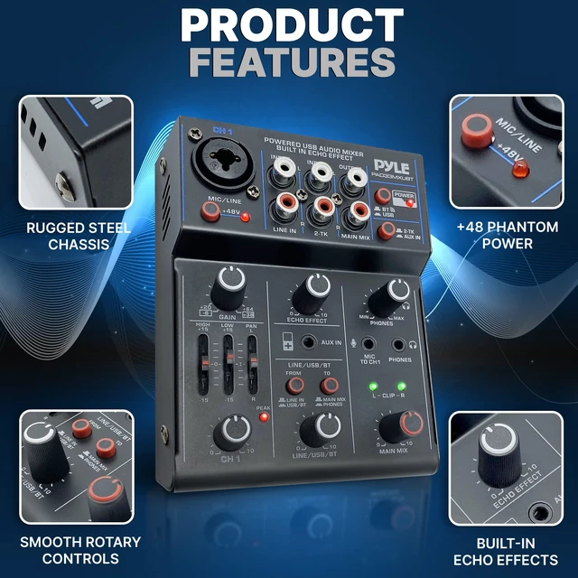Alt view image 13 of 14 - 3-Channel Professional Wireless DJ Audio Mixer - Bluetooth 5.0 - USB Interface - XLR+6.35mm Mic/Line/Guitar Input - 3.5mm Mic Input - RCA - AUX - Headphone Jack - +48V Phantom Power - PAD33MXUBT