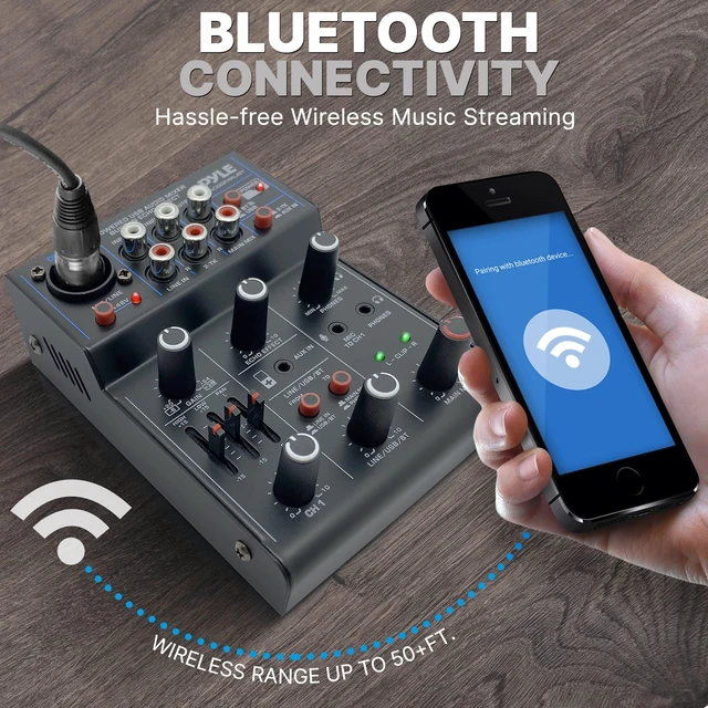 Alt view image 12 of 14 - 3-Channel Professional Wireless DJ Audio Mixer - Bluetooth 5.0 - USB Interface - XLR+6.35mm Mic/Line/Guitar Input - 3.5mm Mic Input - RCA - AUX - Headphone Jack - +48V Phantom Power - PAD33MXUBT