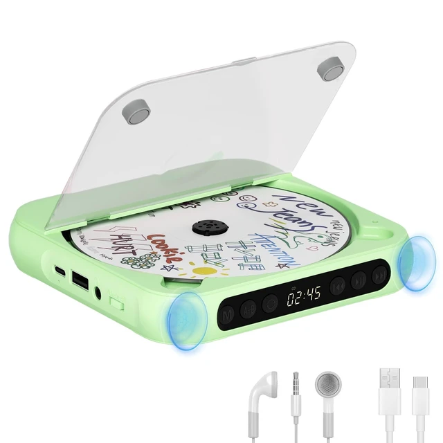 Alt view image 8 of 14 - Portable CD Player with Bluetooth, Rechargeable CD Player for Home/Car, Built-in HiFi Speakers, Headphones, LCD Screen, Supports CD/AUX/USB and Repeat Modes, Green