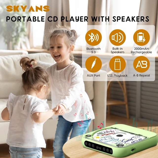 Alt view image 12 of 14 - Portable CD Player with Bluetooth, Rechargeable CD Player for Home/Car, Built-in HiFi Speakers, Headphones, LCD Screen, Supports CD/AUX/USB and Repeat Modes, Green