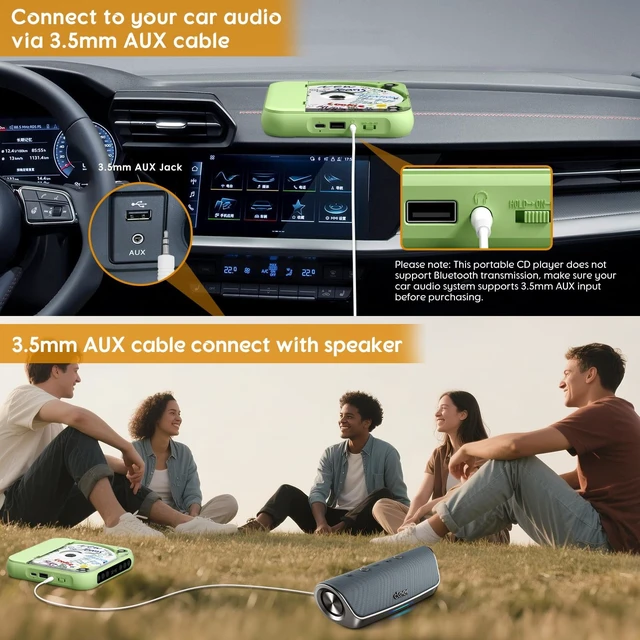 Alt view image 11 of 14 - Portable CD Player with Bluetooth, Rechargeable CD Player for Home/Car, Built-in HiFi Speakers, Headphones, LCD Screen, Supports CD/AUX/USB and Repeat Modes, Green
