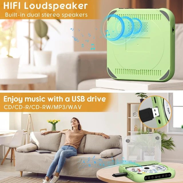 Alt view image 13 of 14 - Portable CD Player with Bluetooth, Rechargeable CD Player for Home/Car, Built-in HiFi Speakers, Headphones, LCD Screen, Supports CD/AUX/USB and Repeat Modes, Green