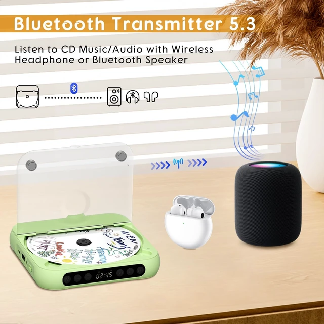 Alt view image 10 of 14 - Portable CD Player with Bluetooth, Rechargeable CD Player for Home/Car, Built-in HiFi Speakers, Headphones, LCD Screen, Supports CD/AUX/USB and Repeat Modes, Green
