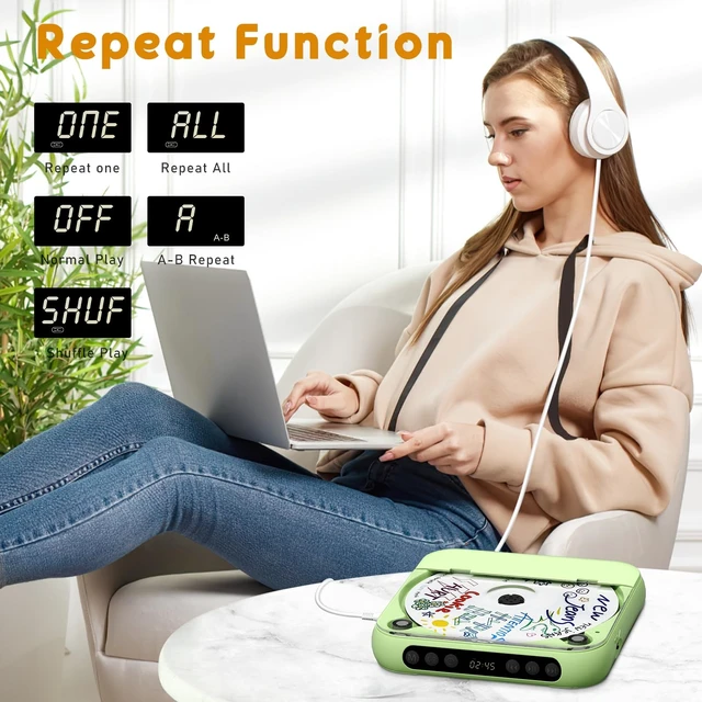 Alt view image 14 of 14 - Portable CD Player with Bluetooth, Rechargeable CD Player for Home/Car, Built-in HiFi Speakers, Headphones, LCD Screen, Supports CD/AUX/USB and Repeat Modes, Green