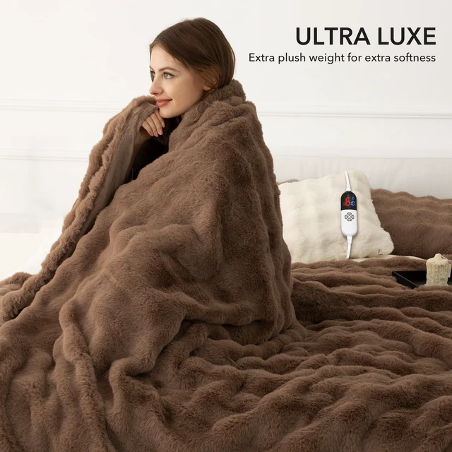 Alt view image 13 of 14 - Faux Fur Heated Blanket Full, Luxury Electric Blanket, 1-10H Timer | Soft Thick Bubble Texture, 6 Heat Settings, 72" x 84" Camel Fast Heating Blanket Gift for Women/Bed, Washable, ETL Certified