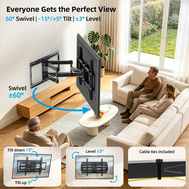 Alt view image 13 of 14 - Heavy-Duty Full-Motion TV Mount for 40-90" TVs, Fits 24" Studs | Max VESA 600x400mm up to 200 lbs Fits 8-24 Inch Studs, Articulating Swivel Tilt TV Wall Bracket for Flat Screen, HV6604