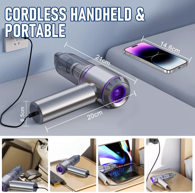 Alt view image 12 of 12 - Car Vacuum Cordless Mini Handhled 4-in-1 High Power Cleaner 20000Pa | Brushless motor-6000mAh-Rechargeable-Duster blower-Pet hair crumb cleaning for car sofa office desk- Ideal gifts for men
